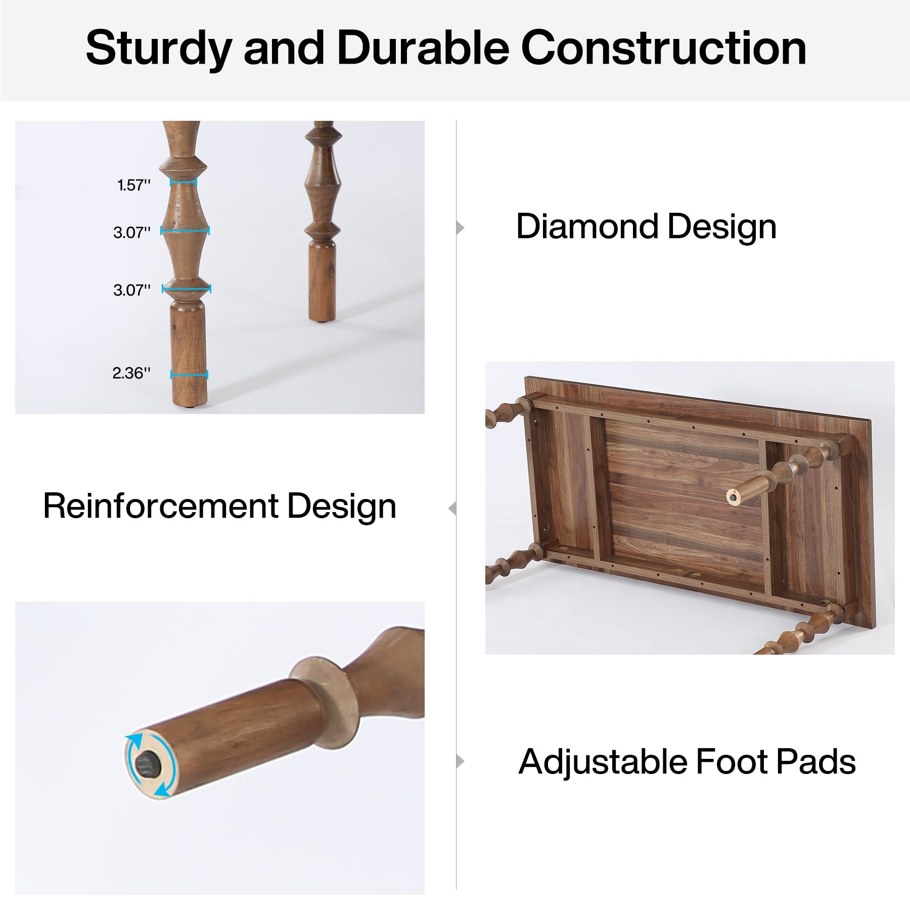 Wood Dining Table, 62” Large Kitchen Table with Carved Turned Legs for 4-6 People Tribesigns